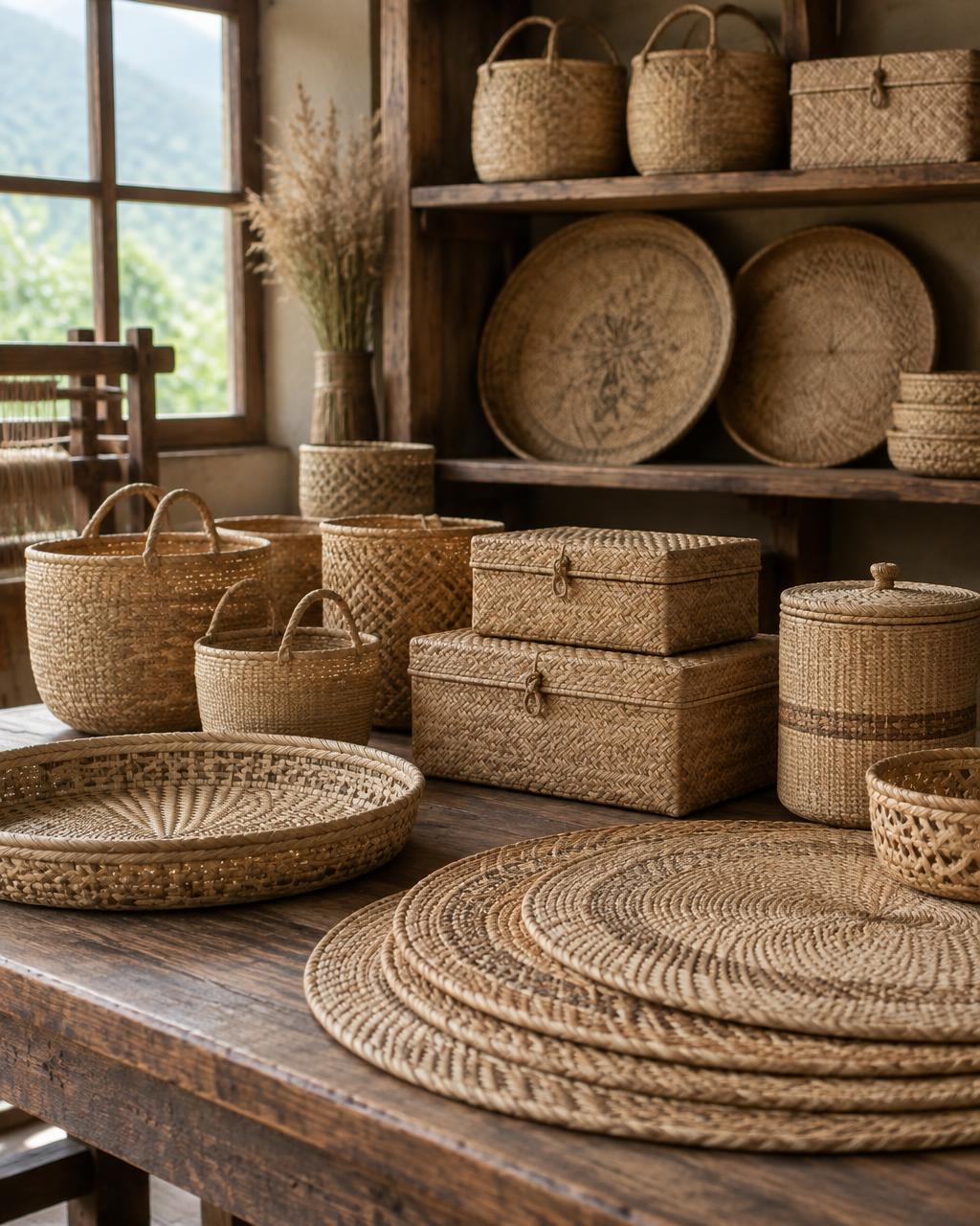 Hands weaving a Kouna basket