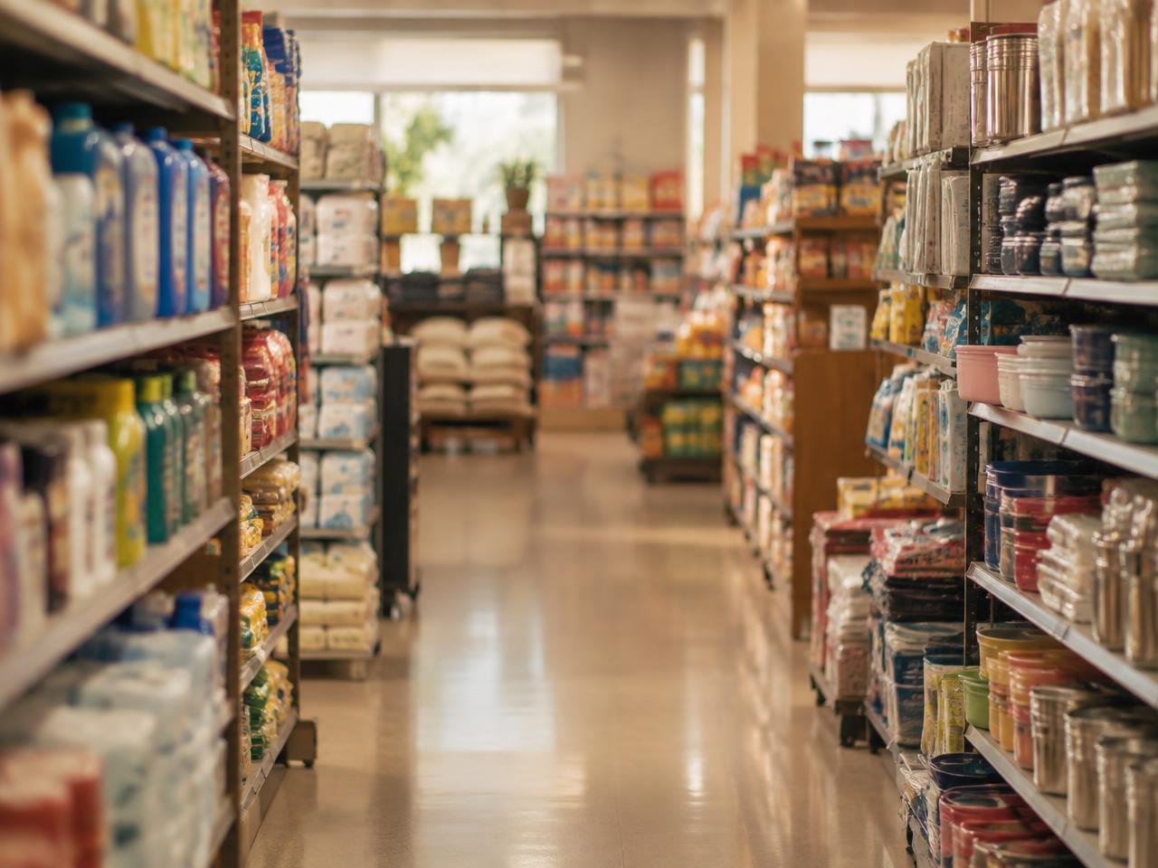 Departmental store aisle with everyday essentials