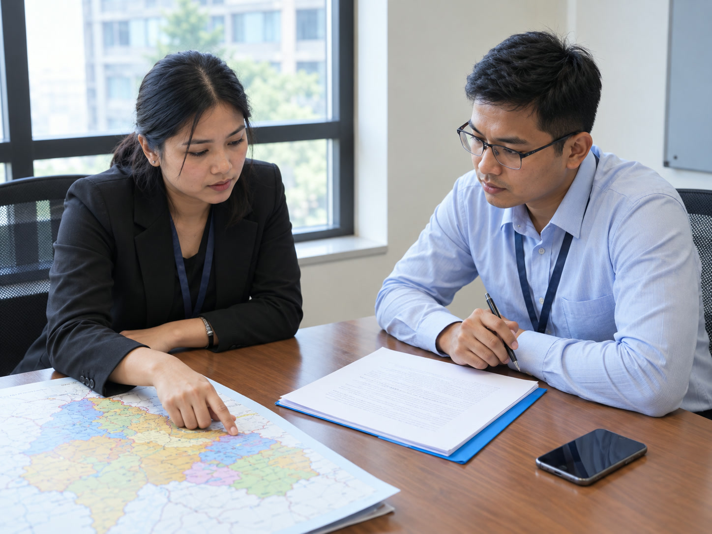 Business partners reviewing a regional map