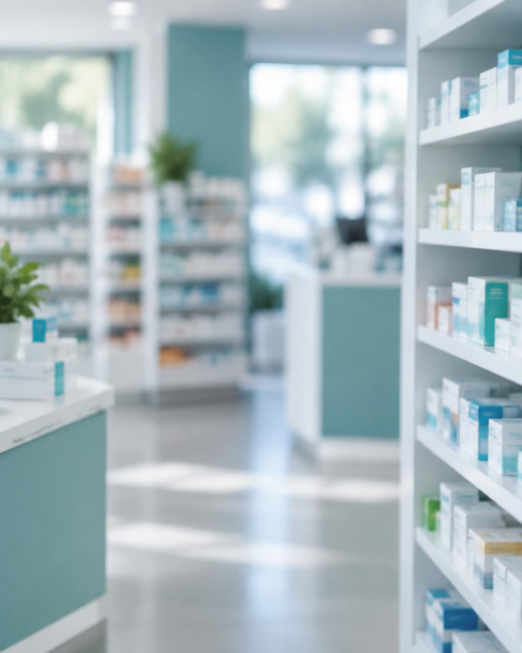 Pharmacy shelves with healthcare products